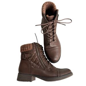 STQ Womens 8 Brown Vegan Leather Sweater Trim Quilted Combat Lace Up Ankle Boots